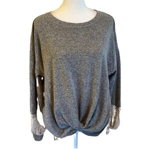 Altar’d State long-sleeve, knitted front blouse. Size M. Med Gray. Lace sleeve.